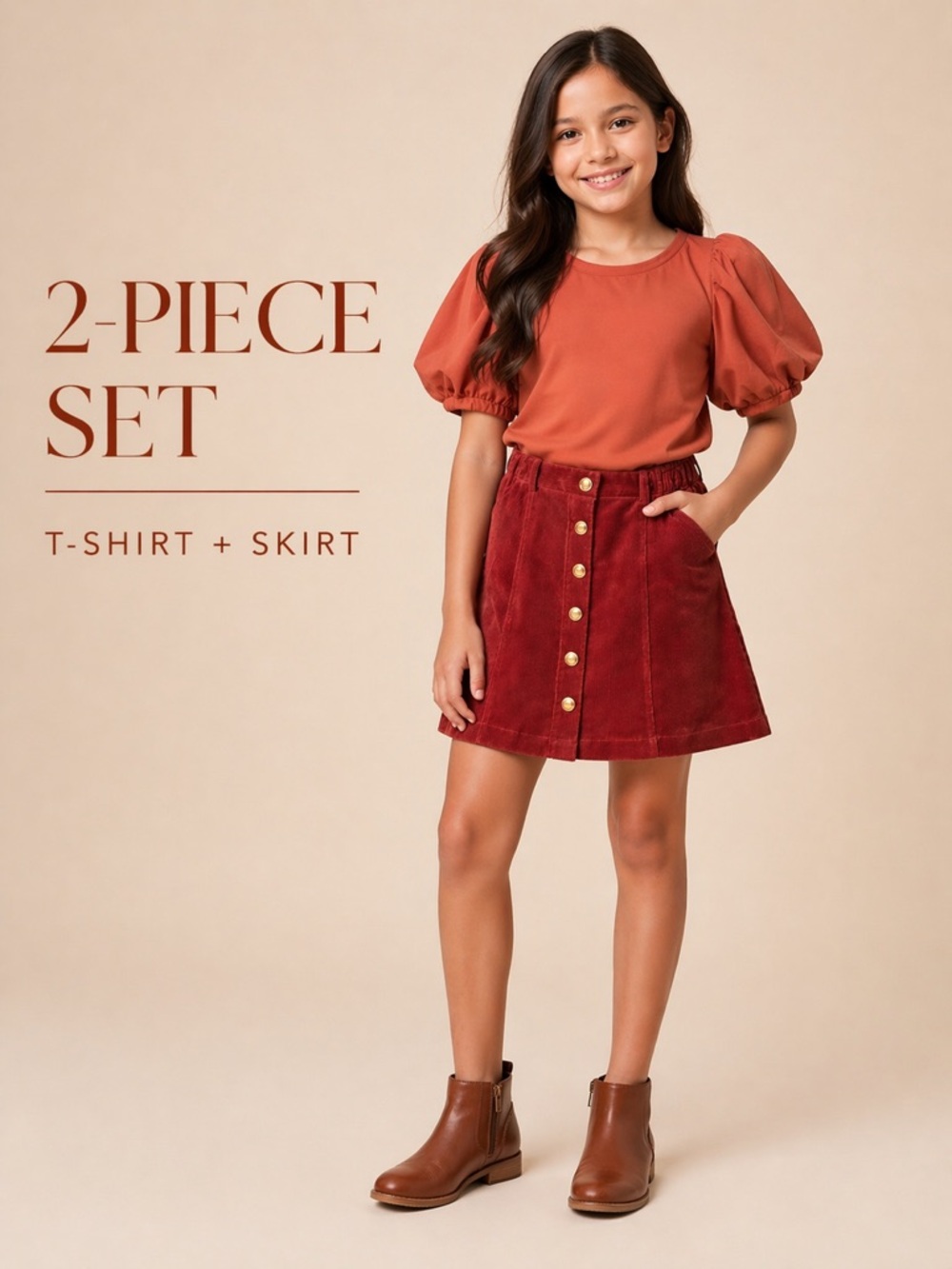 A Loves A Girls 2Pc Set Puff Sleeve Top Corduroy Skirt Rust Burgundy M 10-12Y